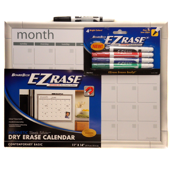 11x14 Dry Erase Calendar Sleek Silver With 4 Markers